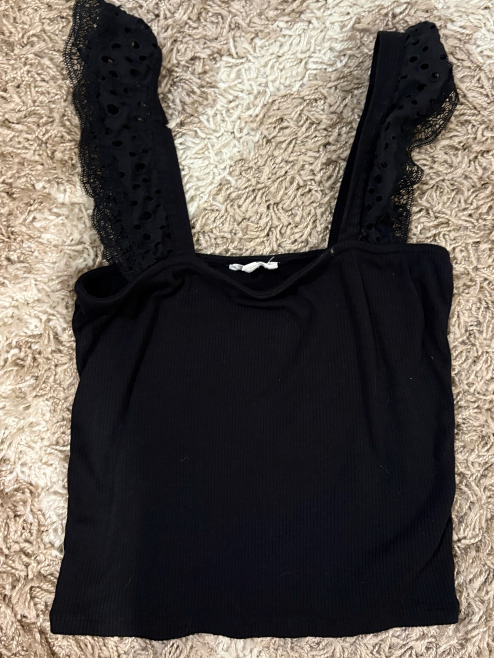 Black Lace & Ruffle Strap Ribbed Tank Top